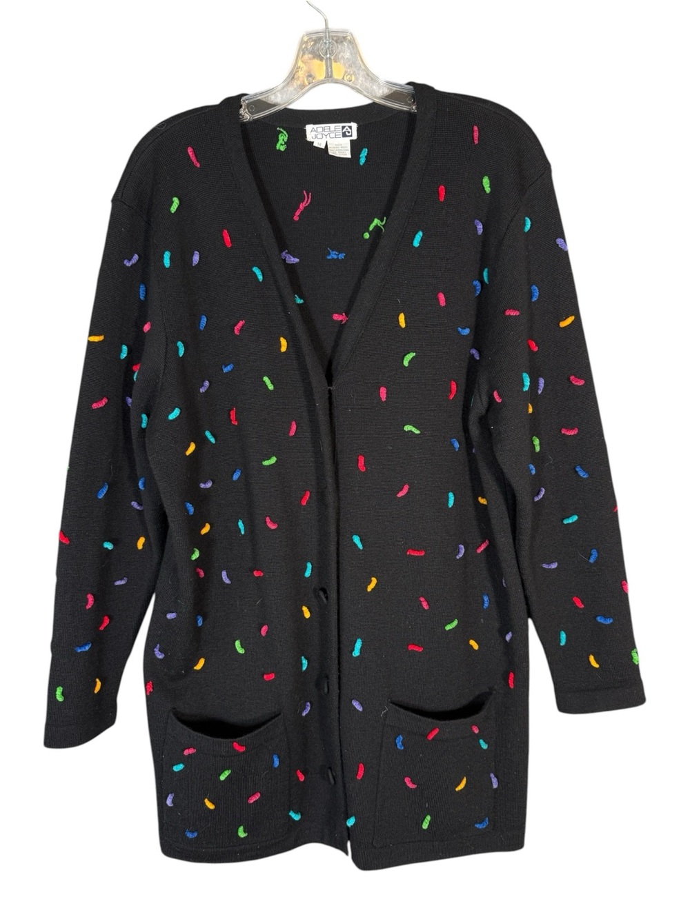 Vintage Merino Wool Cardigan Sweate Black Embroidered Long Oversized Colorful M